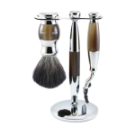 Ensemble rasage 3 pi�ces - blaireau + rasoir + support 2 en 1 - imitation �b�ne et chrome