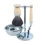 Ensemble rasage 4 pi�ces - blaireau - rasoir - bol - support 3 en 1 - chrom� et imitation ivoire