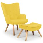 Fauteuil scandinave + pouf tissu jaune carquin