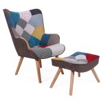 Fauteuil scandinave et pouf tissu patchwork loly