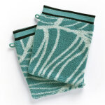 Gant de toilette coton eponge motifs feuilles eucalyptus bleu aqua