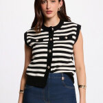 Gilet � rayure boutonn� ivoire