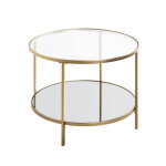Grande table d'appoint ronde acier laqué d?or et plateaux miroir et verre trempé Grande table d'appoint ronde acier laqué d?or et plateaux miroir et verre trempé