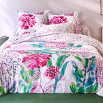 Housse de couette en coton blanc imprim� floral rose r�versible - rose menthol