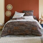Housse de couette double face en coton tissage motif africain, marron