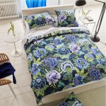 Housse de couette imprime en percale de coton, rose de damas - bleu indigo