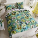 Housse de couette imprime en percale de coton, rose de damas - vert jade