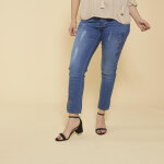 Jean coupe 5 poches aspect dlav dchirures et broderie grandes tailles femme - bleu en coton