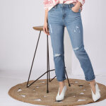 Jean large 5 poches dchir devant femme - blue denim bleu en coton