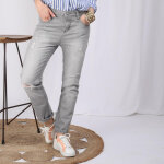 Jean large 5 poches dchir devant femme - denim gris bleu en coton