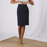 Jupe mi - longue raye coupe crayon fente dos femme - bleue en coton