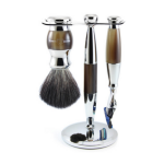 Kit rasage 3 pices gillette fusion proglide - blaireau + rasoir + support - chrome et corne claire