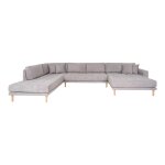 Lido u - sofa open end orient� � droite en gris clair avec quatre coussins et pieds en bois naturel
