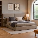 Lit - coffre complet avec tablettes et ports usb intégrés lukas tissu taupe clair Lit - coffre complet avec tablettes et ports usb intégrés lukas tissu taupe clair