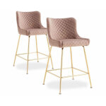 Lot de 2 chaises de bar en velours taupe pieds or Lot de 2 chaises de bar en velours taupe pieds or