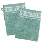 Lot de 2 gants de toilette en coton vert avec liteau brod� - collection bysantine