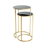 Lot de 2 tables d'appoint rondes noir et or avec plateaux en verre tremp et pieds en mtal