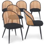 Lot de 6 chaises design showan avec cannage rotin et tissu bouclette noir