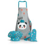 Lot tablier toque gant de cuisine panda bleu clair / gris 52 x 63