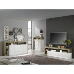 Meuble tv un abattant blanc lacqu brillant chene cadiz