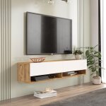 Meuble tv mural, 2 portes basculantes pino bois clair et blanc
