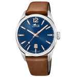 Montre lotus l18693 - 2 - dateur botier acier argent bracelet cuir marron cadran bleu homme