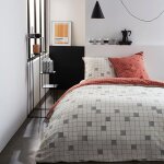 Parure de lit 2 personnes coton imprim square blanc / brique