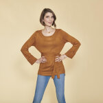 Pull asymtrique col bateau manches longues et ceinture femme - marron en viscose
