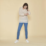 Pull col  revers manches longues dentelle sur bas femme - ivoire blanc