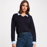 Pull col revers ray� bleu marine femme en viscose
