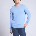 Pull col rond bleu ciel en cachemire beige fonc