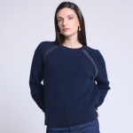 Pull col rond bleu marine  dtails en lurex en cachemire