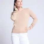 Pull col rond coeur broderie beige creme en cachemire