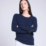 Pull col rond coeur cousus coudes bleu marine et blanc en cachemire