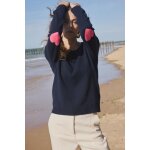 Pull col rond coudes c?urs femme zaime en cachemire bleu marine rose fluo