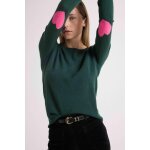 Pull col rond coudes c?urs femme zaime en cachemire vert bouteille et coeurs rose