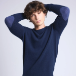 Pull col rond  coudires bleu en cachemire