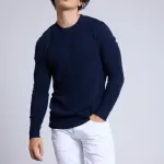 Pull col rond  insert effet daim bleu marine en cachemire