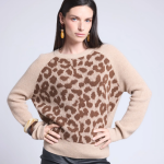 Pull col rond lopard beige en cachemire