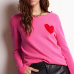 Pull col rond love heritage femme zaphira en cachemire rose fluo