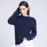 Pull col rond manches  lacets bleu marine et blanc en cachemire