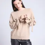 Pull col rond n?ud poignets - beige en cachemire