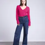 Pull col v fuschia en cachemire fuchsia