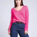 Pull col v rose fluo en cachemire