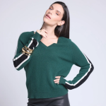 Pull col v vert bouteille  bandes en cachemire