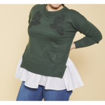 Pull effet 2 en 1 manches longues tissu contrast et guipure grandes tailles femme - vert bouteille