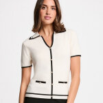 Pull fin bicolore avec rayures plac�es ivoire en viscose