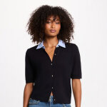 Pull fin boutonn� col en popeline marine