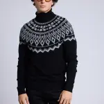 Pull jacquard col montant noir en cachemire
