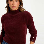 Pull manches longues maille duveteuse prune femme